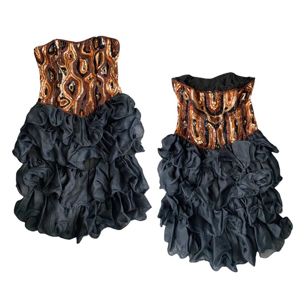 Vintage Strapless Silk Sequin Tiered Party Prom Dress by Scarlet Rage / Medium - Picture 3 of 6